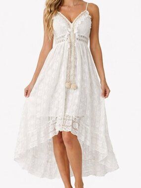 Pom Pom Tassel White Lace Maxi Dress